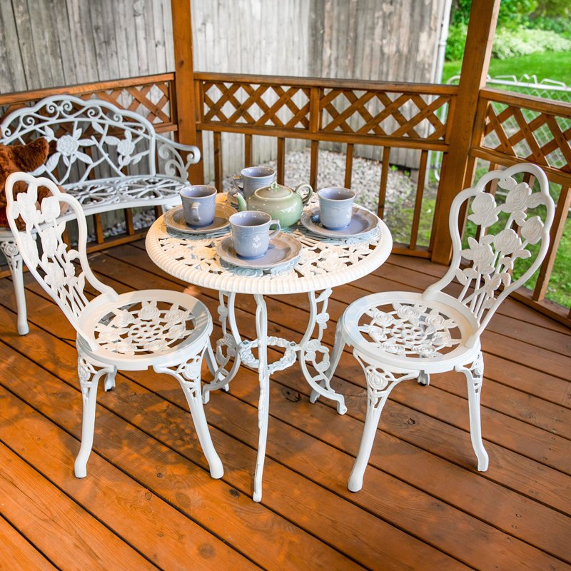 White Cast Aluminum Floral Bistro Set with Iron Legs
