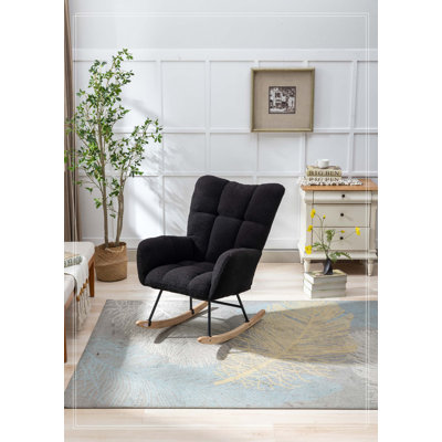 Fauteuil berçant à oreilles en tissu Teddy avec poche de rangement latérale, chaise berçante d'allaitement douce et confortable, base en bois massif robuste et sécuritaire, chaise d'appoint polyvalente pour chambre de bébé et salon, bleu foncé.