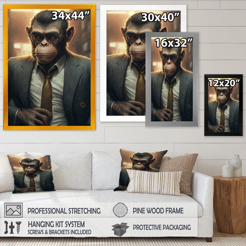 «Mafia Monkey», impression sur toile, Impression dorée sur toile encadrée, H 32 po x l 24 po x P 1 po