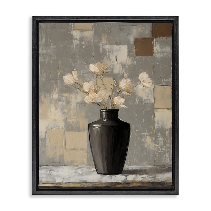 Vase moderne noir et cadre flottant à fleurs, design par Franklyn Gregory, H 31 po x l 25 po, Cadre flottant noir de jais