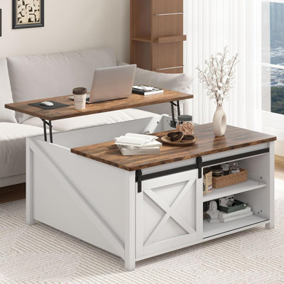 Lift Top Coffee Table with Storage, 31.5" Farmhouse Coffee Table for Living Room, Square Coffee Tables with Large Hidden Storage and Sliding Barn Doors, White