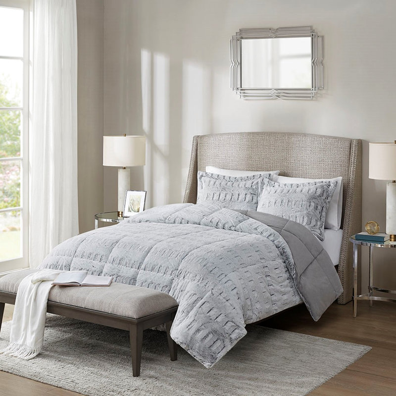 Édredon en fausse fourrure pour lit simple / simple TG, Grey, Édredon simple + 2 taies décoratives