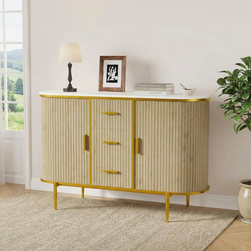 47" Sideboard Buffet Cabinet with Storage, Fluted Console Cabinet with Metal Legs & 3 Drawers, Faux Marble Top, Mid Century Modern Cabinets  for Dining Room, Living Room, Entryway, Oak