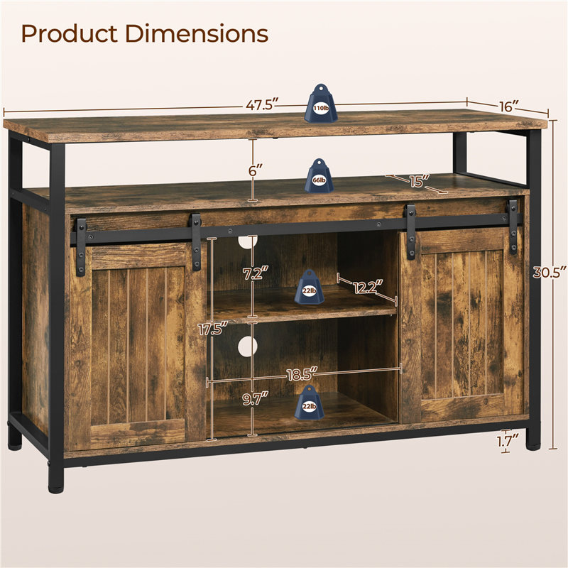 Industrial TV Stand Media with Sliding Barn Doors for TV, 30.5" H x 47.5" W x 16" D