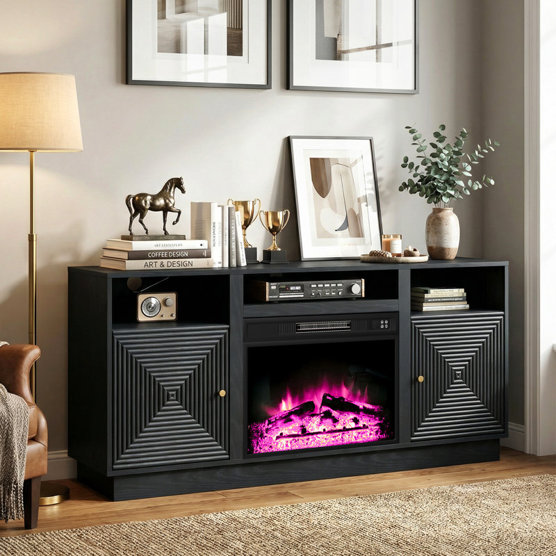 59'' Fireplace TV Stand For Tvs Up To 65'' With Storage And Adjustable Shelves, Black