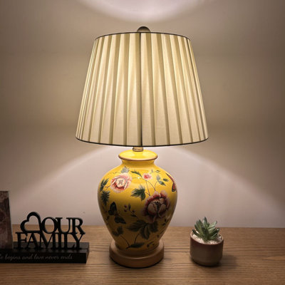 Yellow Ceramic Table Lamp Butterfly Flowers LED Blub Included 12"W*12"D*22"H