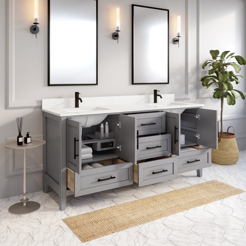 Houston Oxford Gray 72" W x 22" D Double Sink Bathroom Vanity with Power Bar & Drawer Organizer, Diamond Quartz Top, Undermount Ceramic Sink, Solid Birch Hardwood, Pre-Assembled