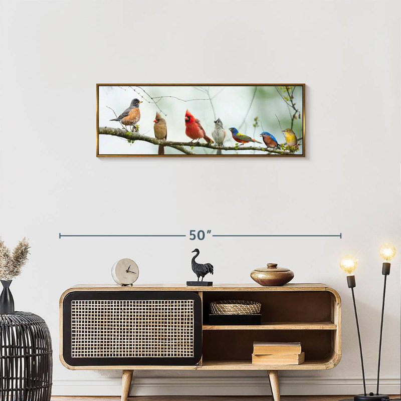 Rassemblement d'oiseaux, Cadre flottant doré, 37 po x 13 po