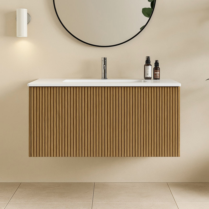 30" Wall Mounted Striped Natural Oak Single Bathroom Vanity With Ceramic Top, Yellow, 36"