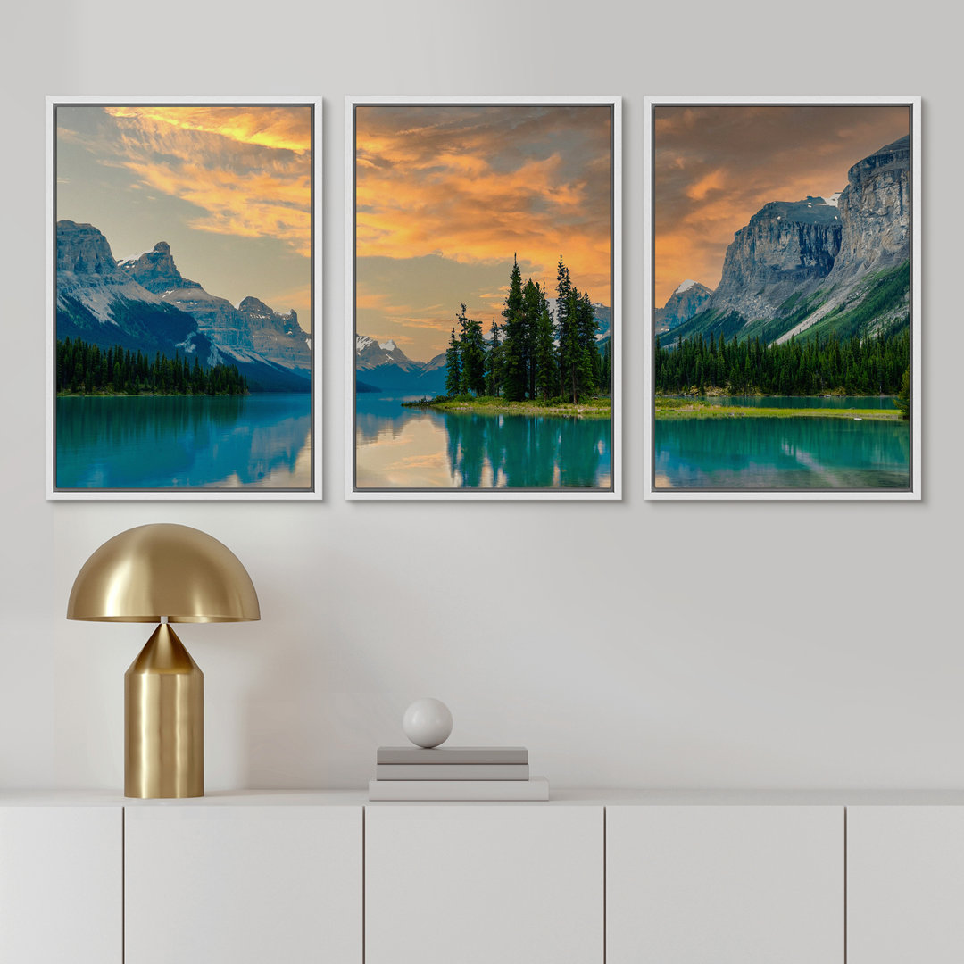 Yellow Sunset Cloud Mountain Lake Forest Nature Landscape Photo 3 Piece Frame Canvas Print Wall Art IDEA4WALL Frame
