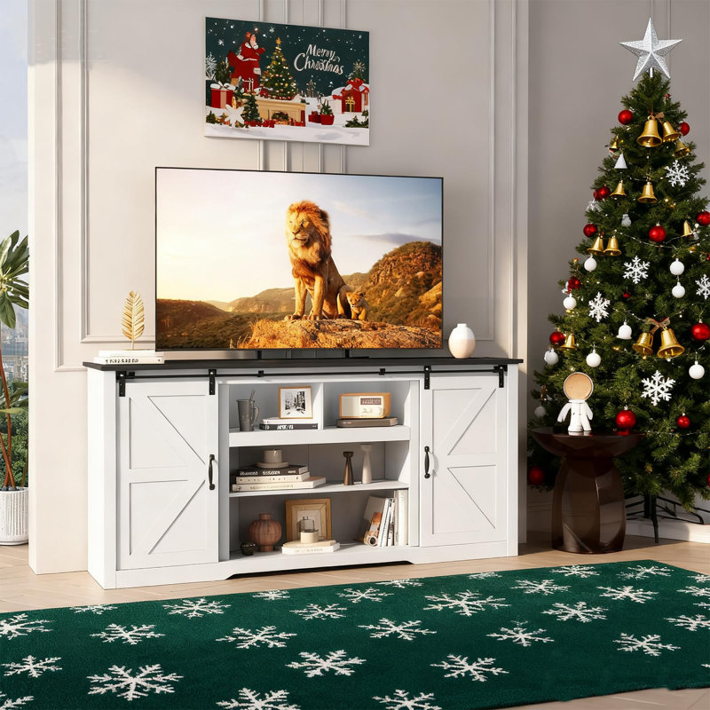 70" Farmhouse TV Stand for 80" TVs, Entertainment Center with Sliding Barn Door, Adjustable Shelves & Charging Ports