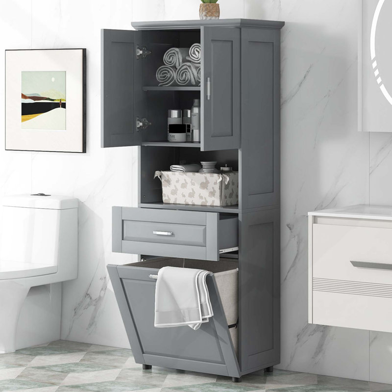 Versatile Bathroom Cabinet with Laundry Basket and Ample Storage Options, Gray