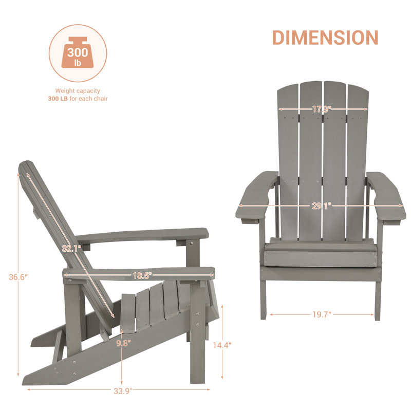 Chaise de patio d'extérieur en plastique Adirondack, Gris clair
