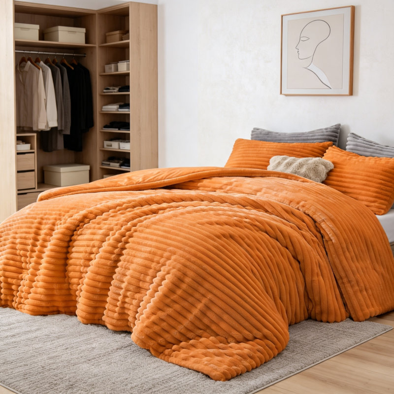 Ensemble de couette en polaire moelleuse Queen, orange brûlé