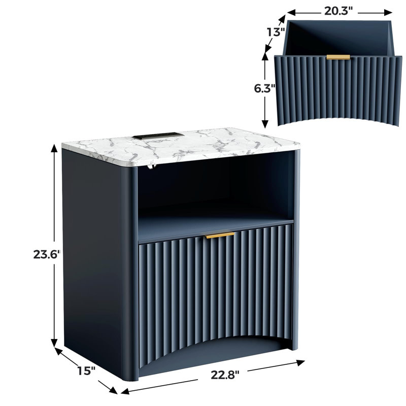 Ensemble de 2 tables de chevet cannelées avec station de charge, table de chevet avec tiroir et rangement, grande table de chevet pour chambre à coucher