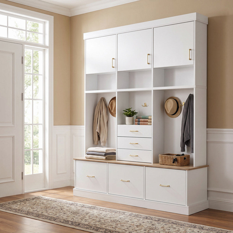 Porte-manteau moderne 5 en 1 de 190 cm de hauteur, avec rangements multiples : porte-manteau, 6 tiroirs, 3 placards et 3 étagères. Parfait pour l'entrée, le salon et le vestibule.