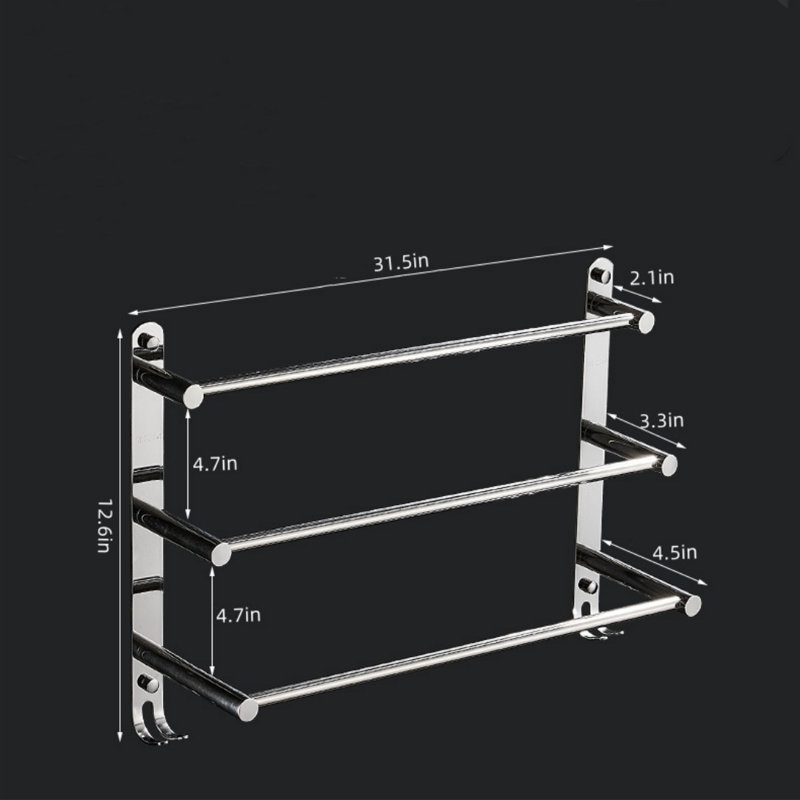 Porte-serviettes de salle de bain à 3 niveaux en acier inoxydable, porte-serviettes peu encombrant avec fixation sans perceuse, organisateur de salle de bain durable pour la cuisine et l'hôtel