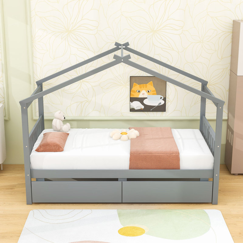 Twin Size Wooden House Bed With Drawers, Gray