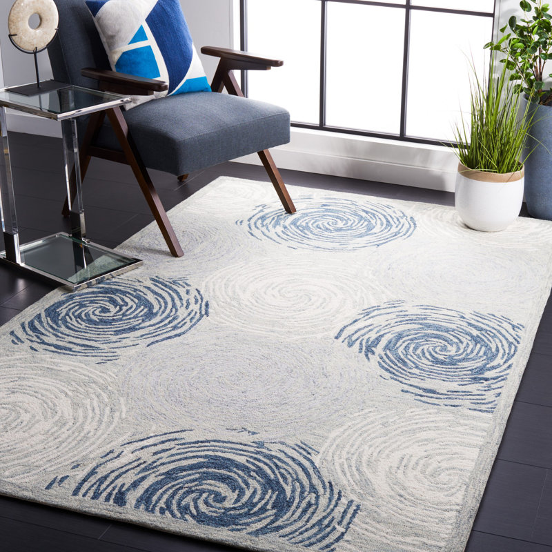 Micro-Loop Hand Tufted Wool/Cotton Geometric Rug in Ivory/Blue, Rectangle 8' x 10'
