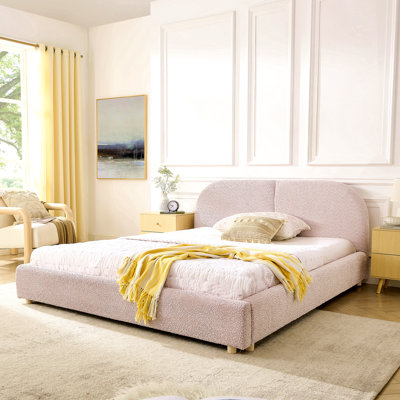 Structure de lit tapissier pour grand lit, style minimaliste moderne avec tête de lit haute incurvée, tissu de fil circulaire de qualité supérieure et support de pieds robuste, matelas non inclus - rose