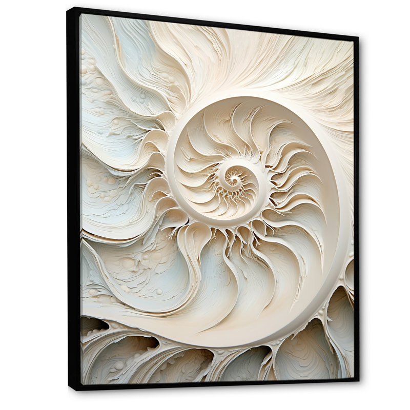 Ivoire Infinity Sea Sheel Spiral sur toile, Cadre flottant noir, H 32 po x l 16 po x P 1 po