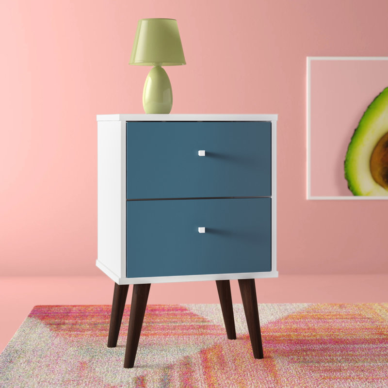 Liberty 18" W Mid-Century Modern 2-Drawer Nightstand in Aqua Blue and White, White/Aqua Blue
