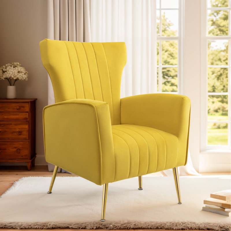 Fauteuil d'appoint moderne en velours, fauteuil à oreilles avec pieds et canapé simple rembourré, Jaune