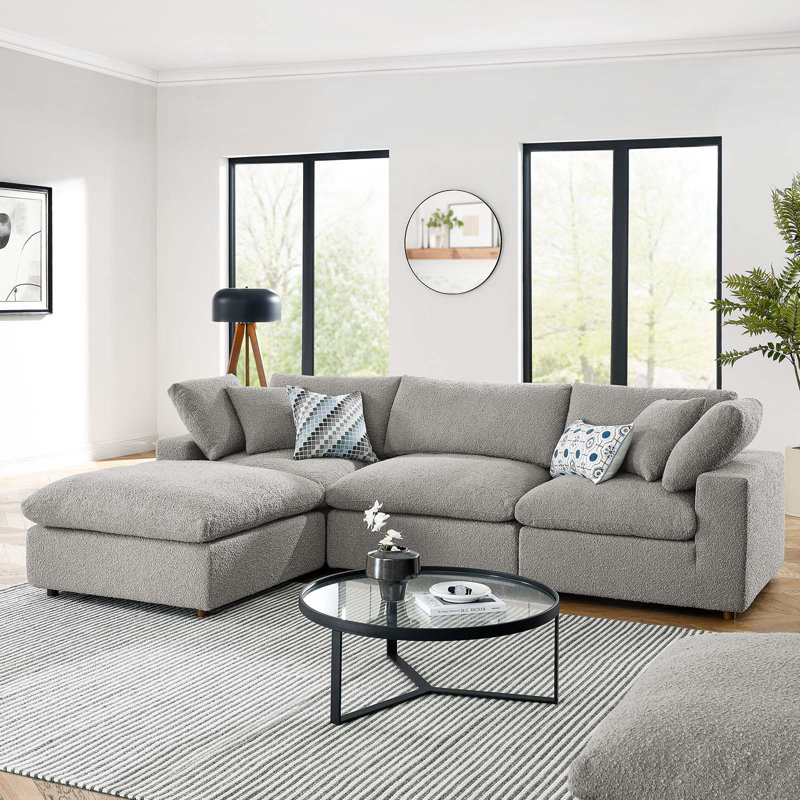 Modway Commix Down Filled Overstuffed Boucle Fabric 4-Piece Sectional Sofa, Light 