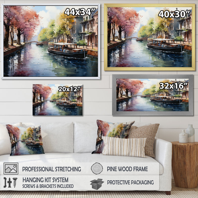 Green Canal Waterway Pointillismpointillism - Impression, Cadre flottant noir, H 30 po x l 40 po x P 1,5 po