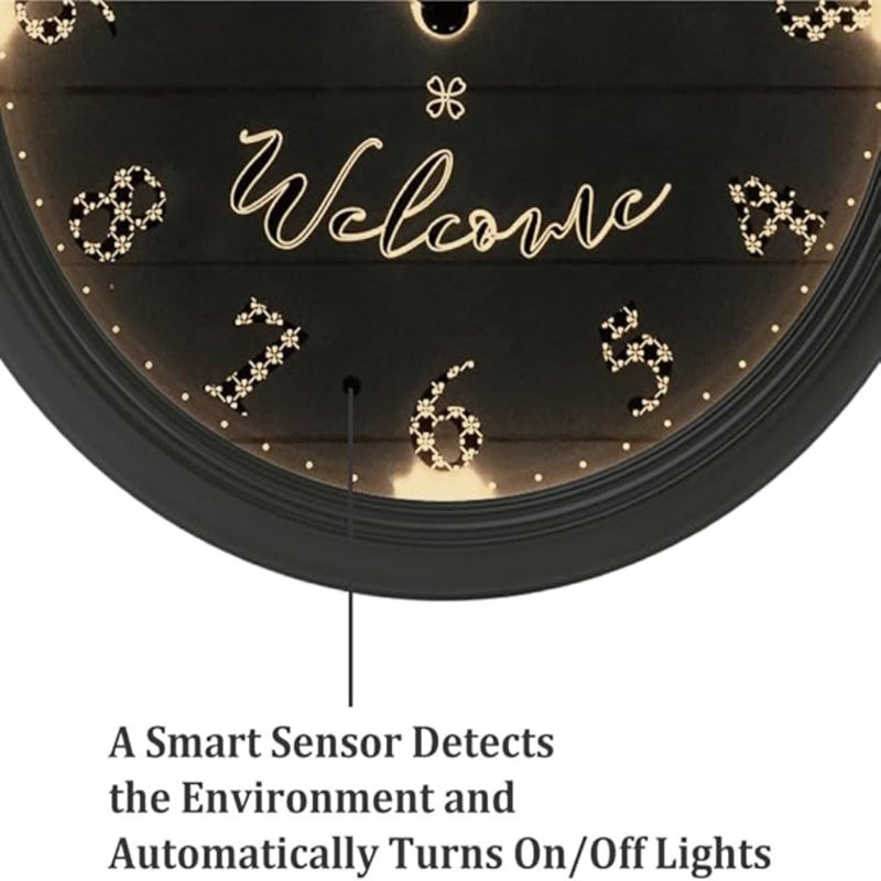Presentime & Co. 12.6" Illuminated Farmhouse Wall Clock, Silent Battery Operated Night Light Wall Clock With Smart LED Sensor For Living Room, Bathroom, Kitchen, Home Office, Morning Silver