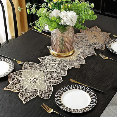 Table Runner - Gold - Heat-Resistant, Flower-Shaped, Waterproof & Washable For Wedding, Banquet, Birthday, Party, And Restaurant