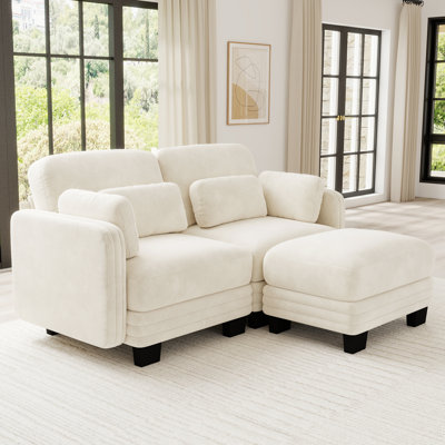 Causeuse en chenille, capitonnée, modulaire, 2 pièces, causeuse avec repose-pieds mobile, beige, coussins en mousse à haute résilience