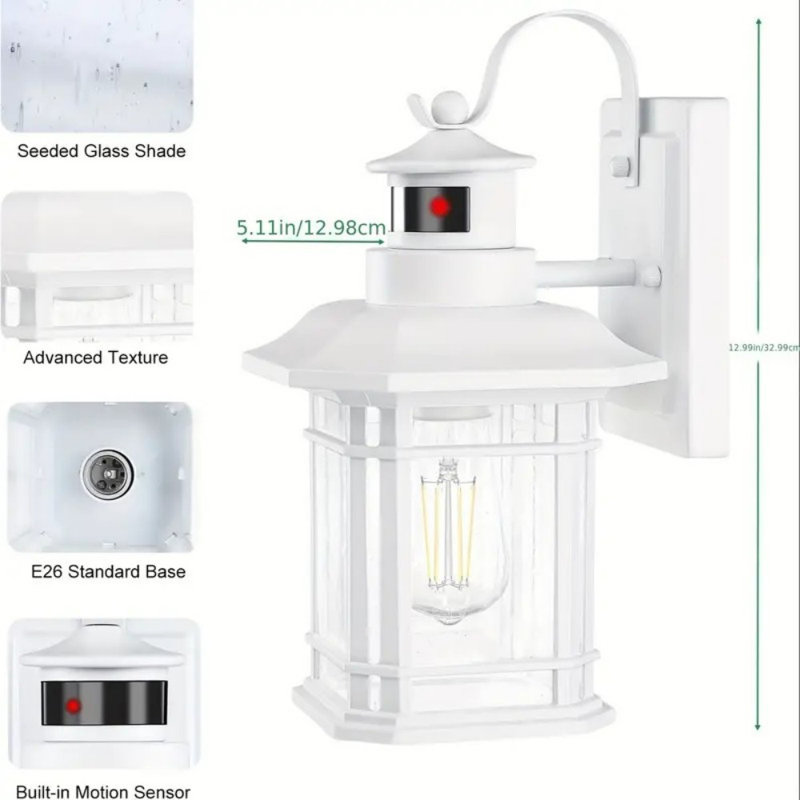 2Pcs Motion Sensor LED Outdoor Wall Lights, Dusk To Dawn Exterior Lanterns, Matte White Finish, Anti-Rust Design With Clear Glass & E26 Base, Perfect For Front Porch, Halloween & Christmas Decor