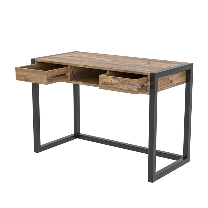 Modern Study Desk with 2 Drawers, Atlantic Pine & Black, 41.3 x 30.3 x 21.7 inches | 100% Melamine Coated Particle Board & Metal Frame, Wall-Mountable, Elegant Industrial Design for Home Office & Study Spaces