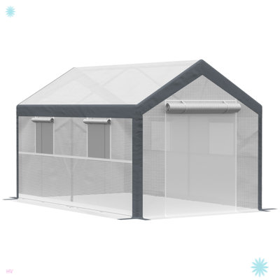 Outsunny 12' x 7' x 7' Greenhouse, Walk-in Outdoor Tunnel Green House with PE Cover, Steel Frame, 2 Roll-Up Zipper Doors & 4 Windows for Flowers, Vegetables, Tropical Plants, White/Dark Gray