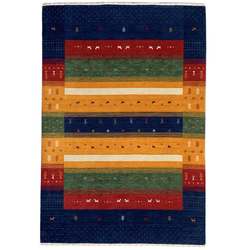 Tapis transitionnel moderne en laine noué à la main bleu marine Gabbeh, Rectangle 9 pi x 12 pi