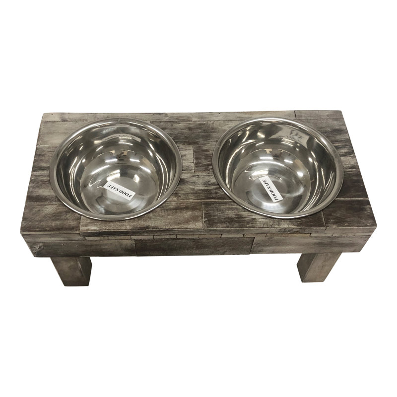 Large Brown Wash Reclaimed Wood Elevated Double Bowl Pet Feeder
