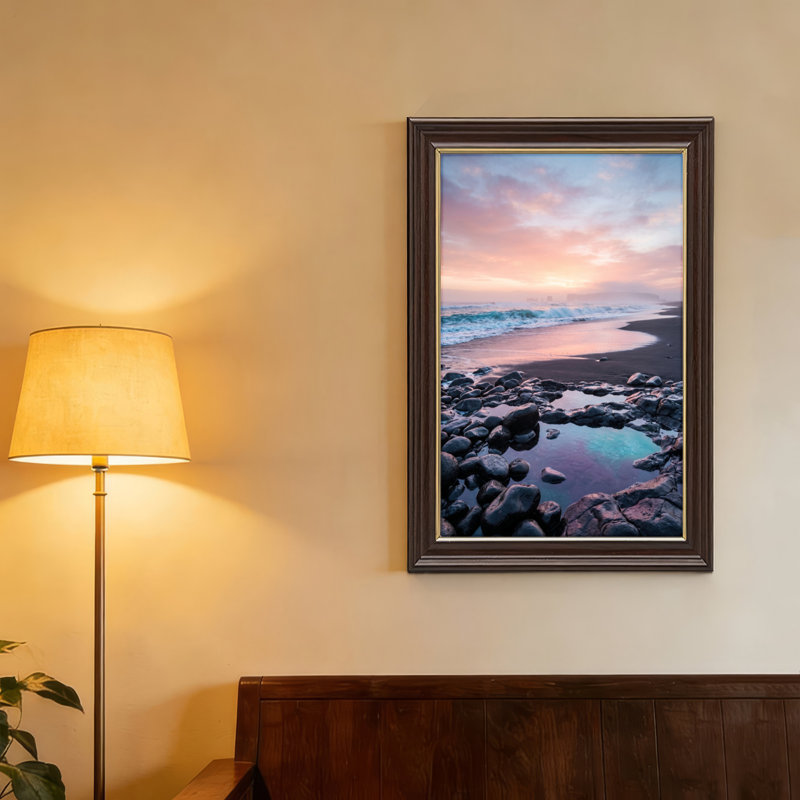 Art mural antique sur toile encadré doré pour le salon, la chambre à coucher, le bureau ou le vestibule - Décoration murale décorative avec coucher de soleil océan