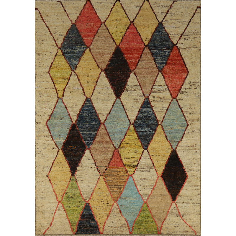 Tapis oriental marocain en laine fabriqué à la main à motif de treillis 7 x 9