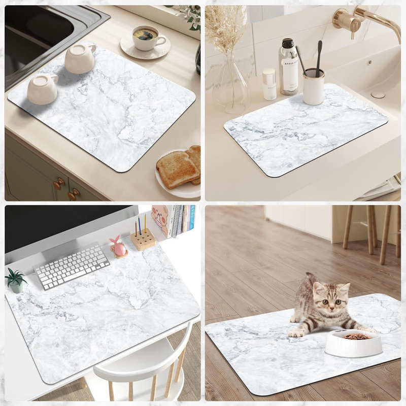 Dish Drying Mat for Kitchen Counter with Non-slip Rubber Backed, Mat for Kitchen Counter, White, 1.12" H x 15.8" W x 11.8" D