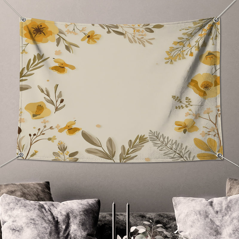 Tapisserie murale jaune à motif floral - décoration murale fleurs, 50in H x60in W with 4 Grommets