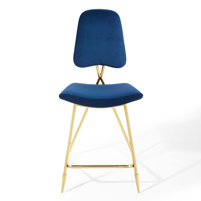 Navy Velvet Upholstered Counter Stool with Gold Stainless Steel Legs