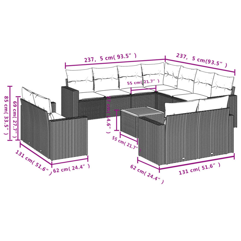 Ensemble de canapé de patio 12 pièces avec coussins en rotin de polyester, Gris, Bleu foncé