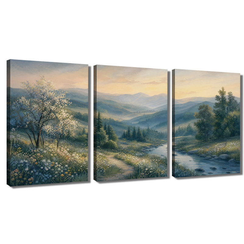 Tableau rustique sur toile avec vue sur un ruisseau de fleurs sauvages et un coucher de soleil sur les montagnes, idéal pour la salle à manger ou la chambre. Parfait pour une chambre ou une salle à manger.