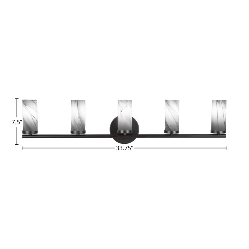 Annese 5 Light Bath Bar Shown With 2.5” Onyx Swirl Glass, Matte Black