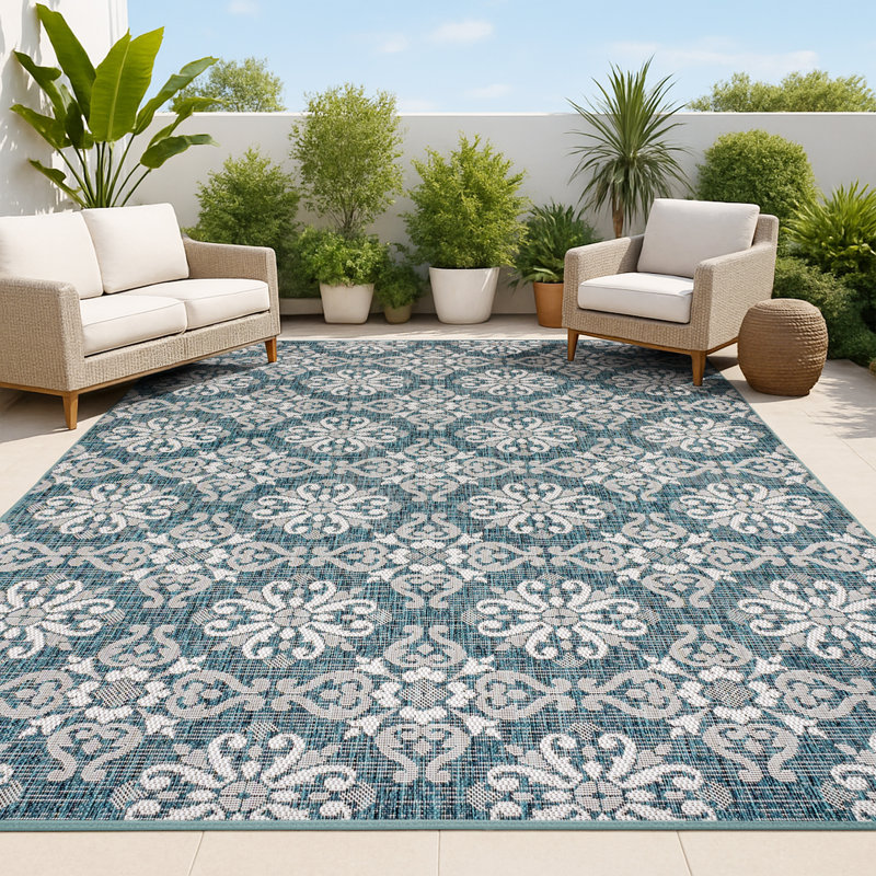 Amora Traditional Mediterranean Tile Design Turquoise/Cream Indoor/Outdoor Rug, Rectangle 7'10" x 10'