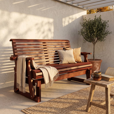 2-Seater Wooden Outdoor Glider Bench with Cup Holders, Brown