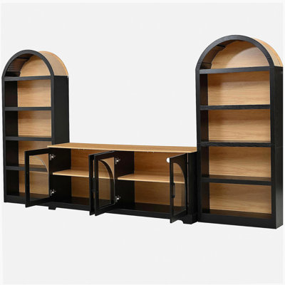 3-Piece Retro TV Stand Set with Bookshelf for TVs Up to 70", Two-Tone Wood Grain Entertainment Center with Arched Design, Farmhouse Sideboard with Tempered Glass Doors for Living Room, Black+Walnut