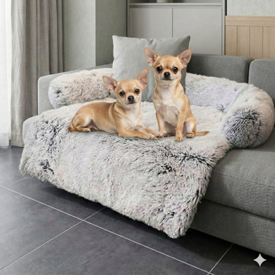 Anxiety-Reducing Bed Mat for Canines and Felines, Washable Detachable Couch Protector, Plush Long-Fur Mat for Pets, Moisture-Proof Internal Layer, Suitable for Small, Medium, and Large Dogs and Cats, Gradient Gray, 36 by 31 Inches