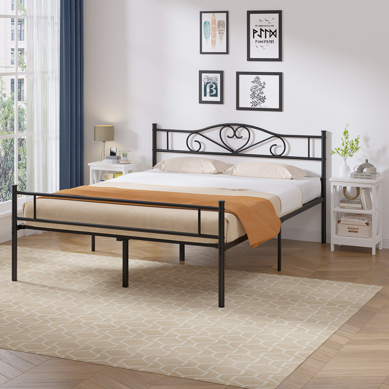 Ensemble de chambre à coucher 3 pièces Kempst, cadre de lit en métal noir avec 2 tables de chevet à tablettes ouvertes, ensemble de lit plateforme en métal avec table d'appoint de 2, ensemble de mobilier de chambre pour petit espace pour appartement, chambre d'amis, chambre à coucher moderne